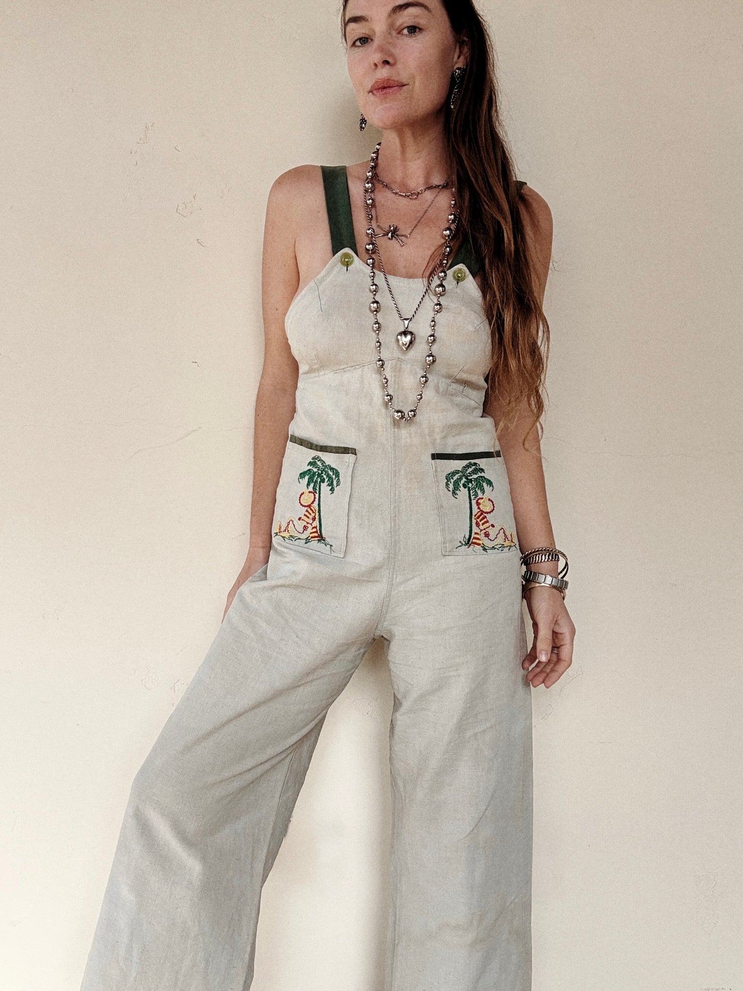 1930s Mint Green Linen Embroidered Vacation Overalls- S/M