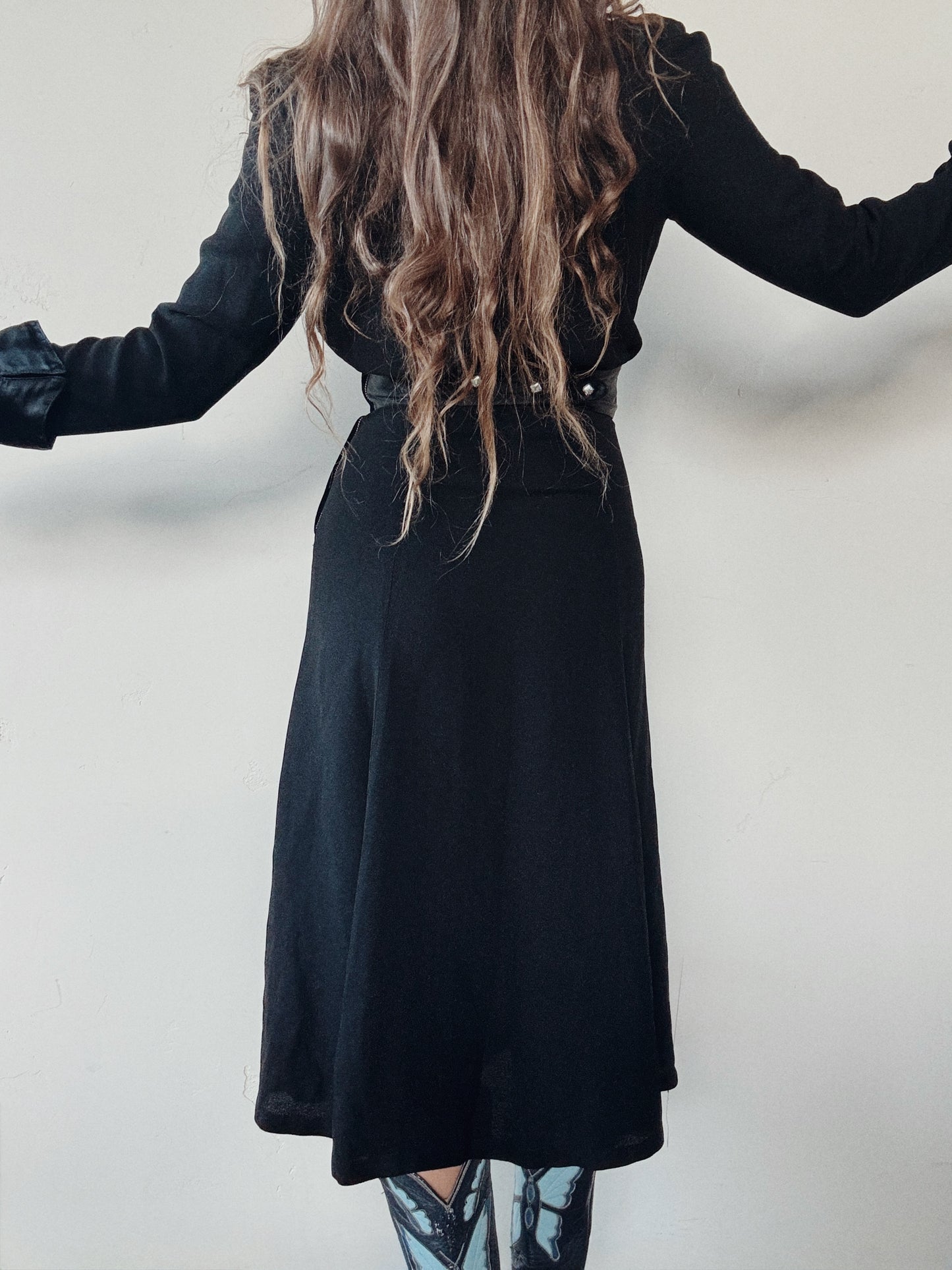 1970s Ossie Clark Black Moss Crepe Dress- S