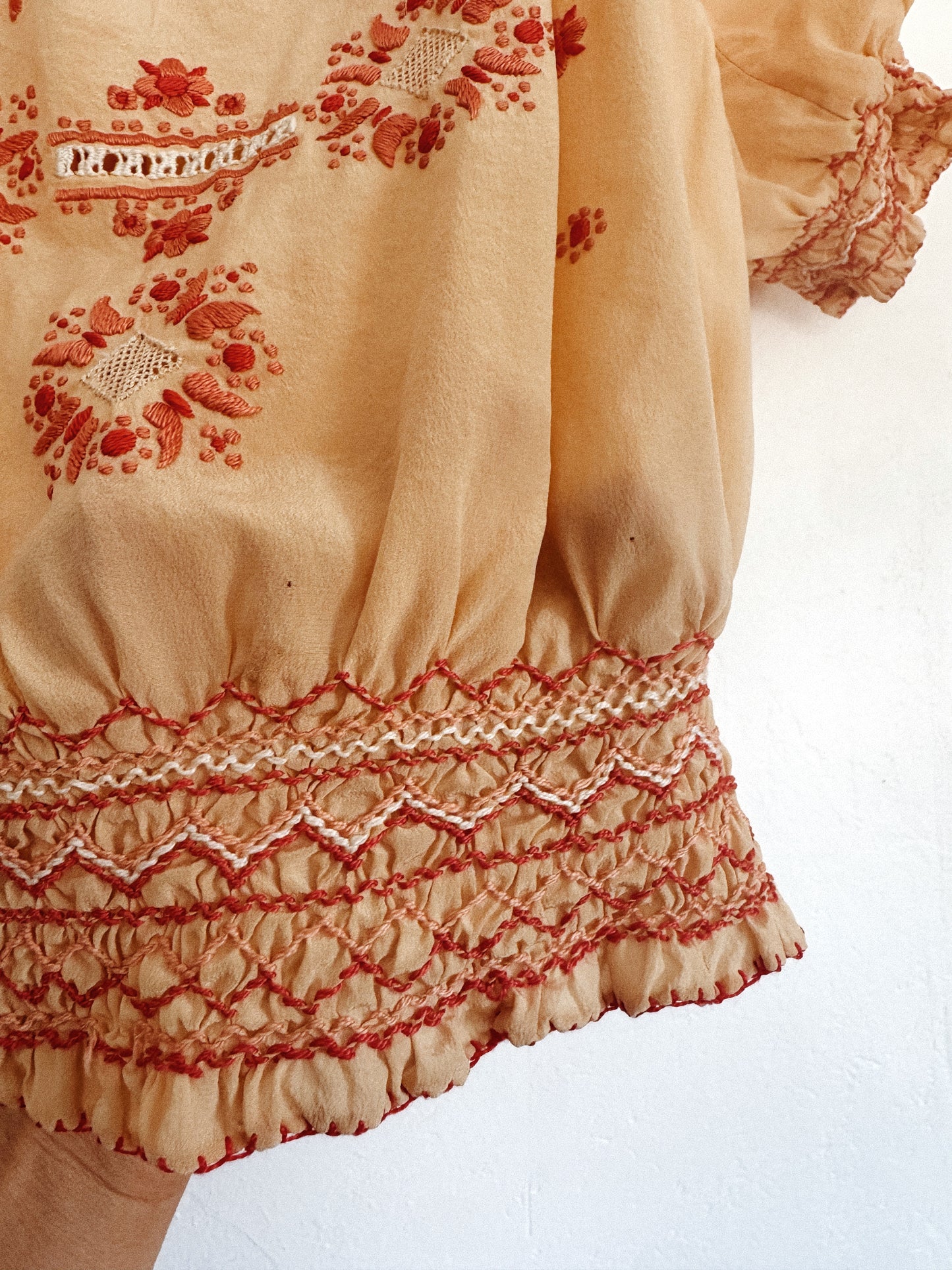 1930s Peach Silk Hungarian Peasant Blouse w/ Floral + Butterfly Embroidery- S/M