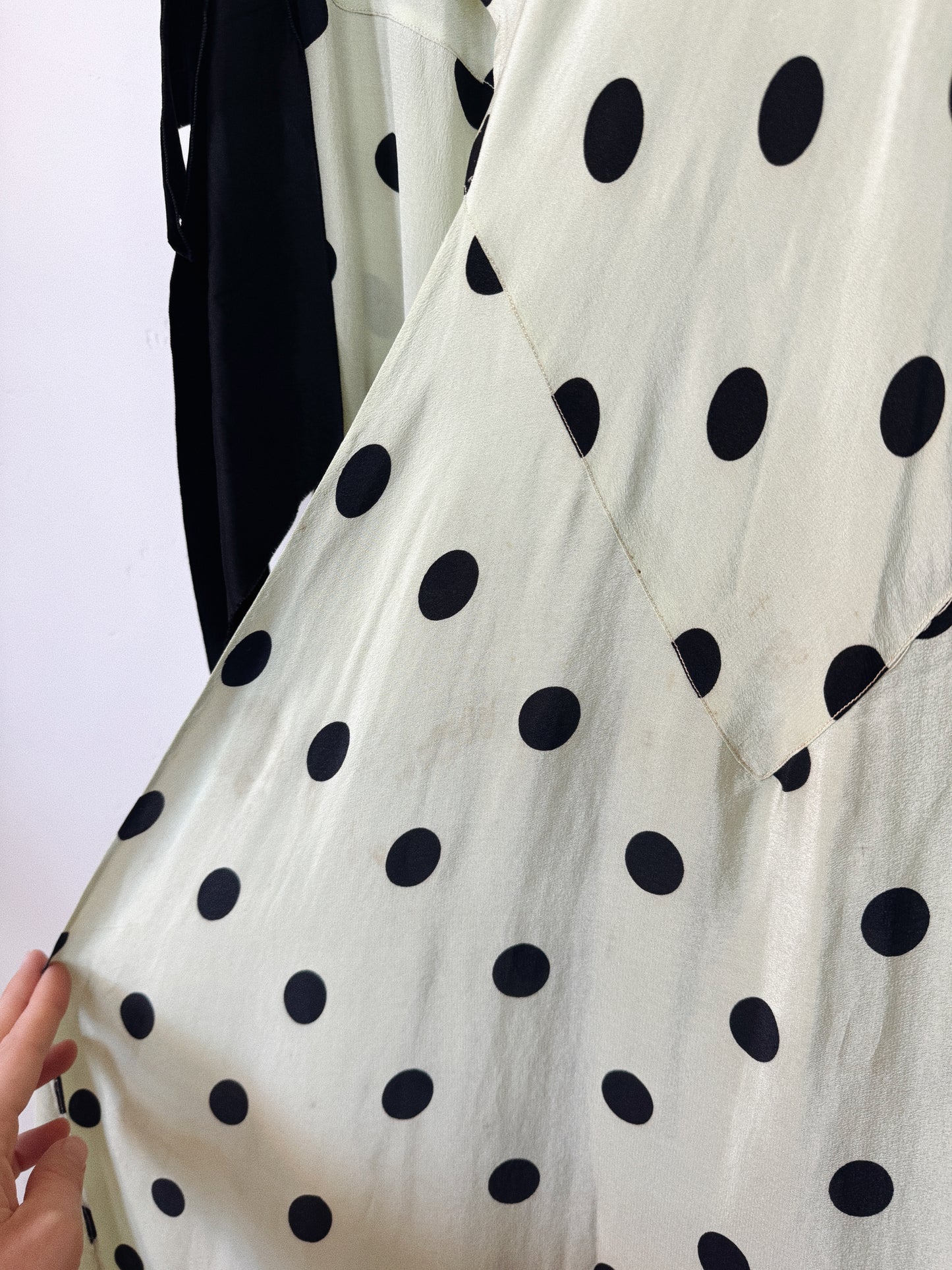 1930s Mint + Black Polka Dot Silk Draped Gown w/ Velvet Bows- S/M