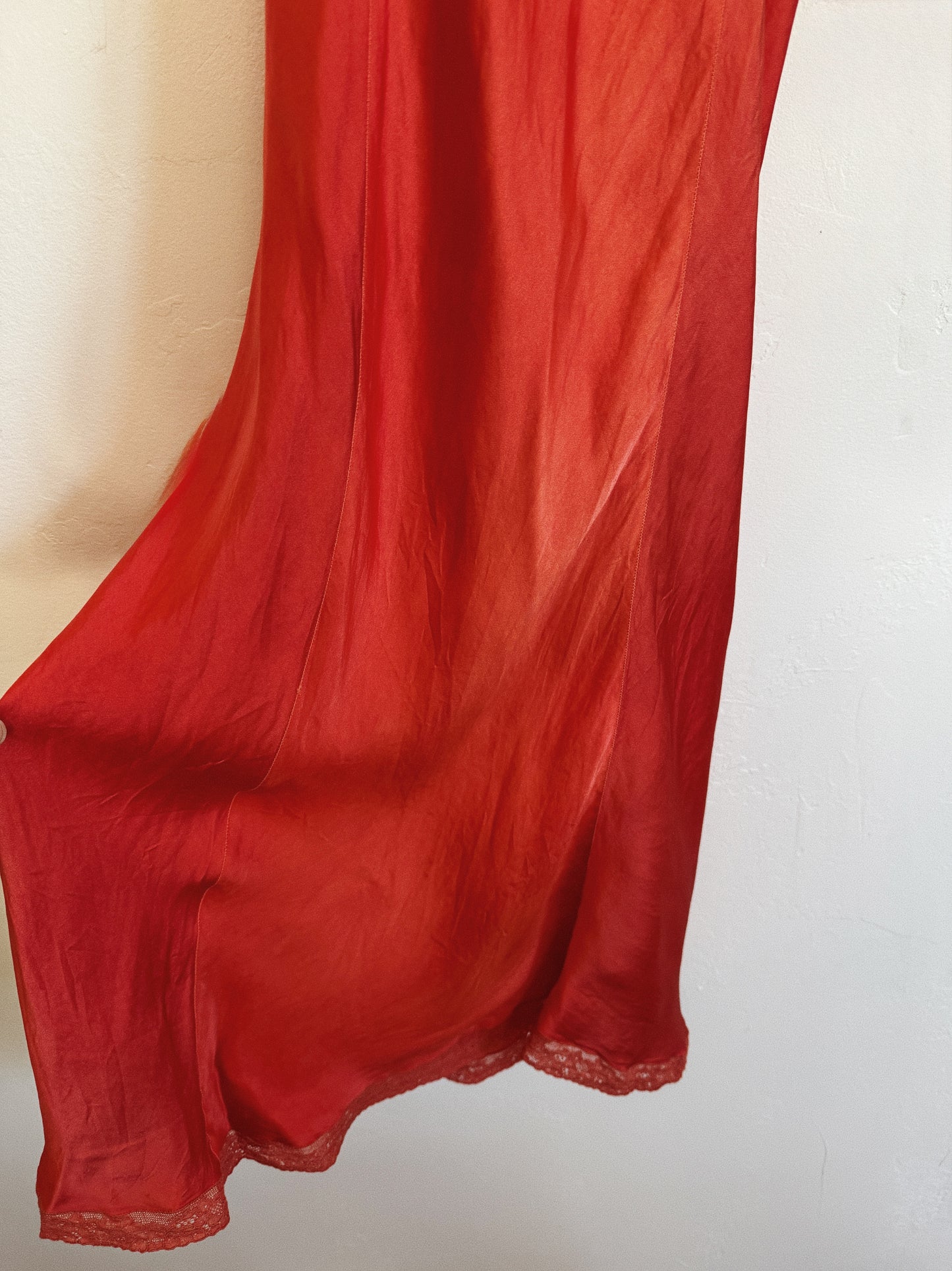 1940s Campari Satin + Lace Spaghetti Slip Dress- S