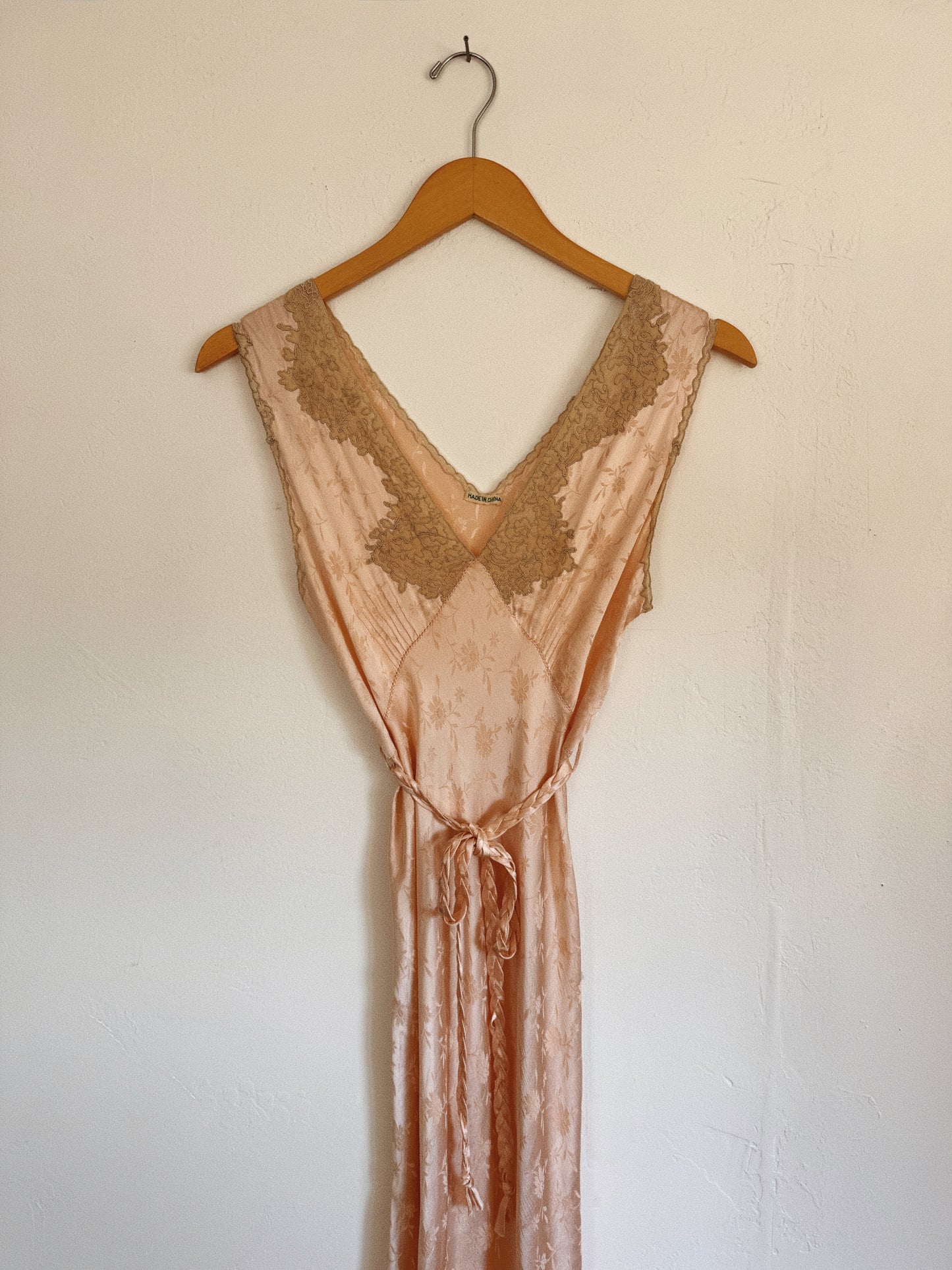 1930s Silk Floral Jacquard + Lace Slip Dress w/ Braided Sash- S-S/M