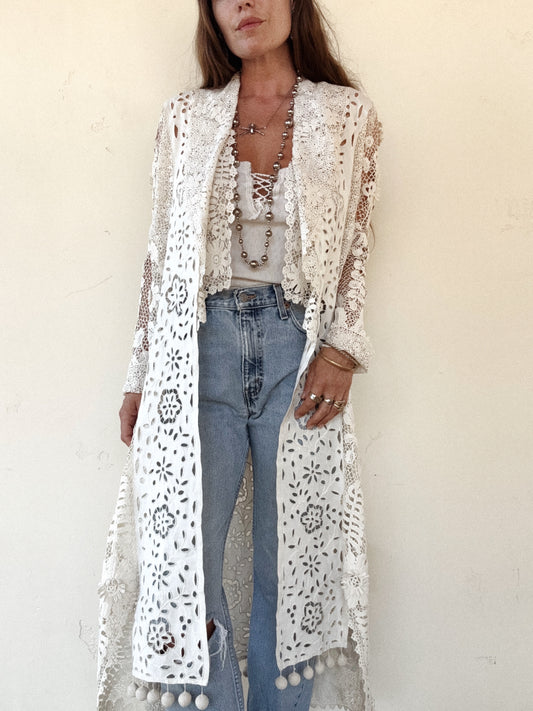 Rare Edwardian Irish Crochet Duster Coat w/ Pom Poms- M