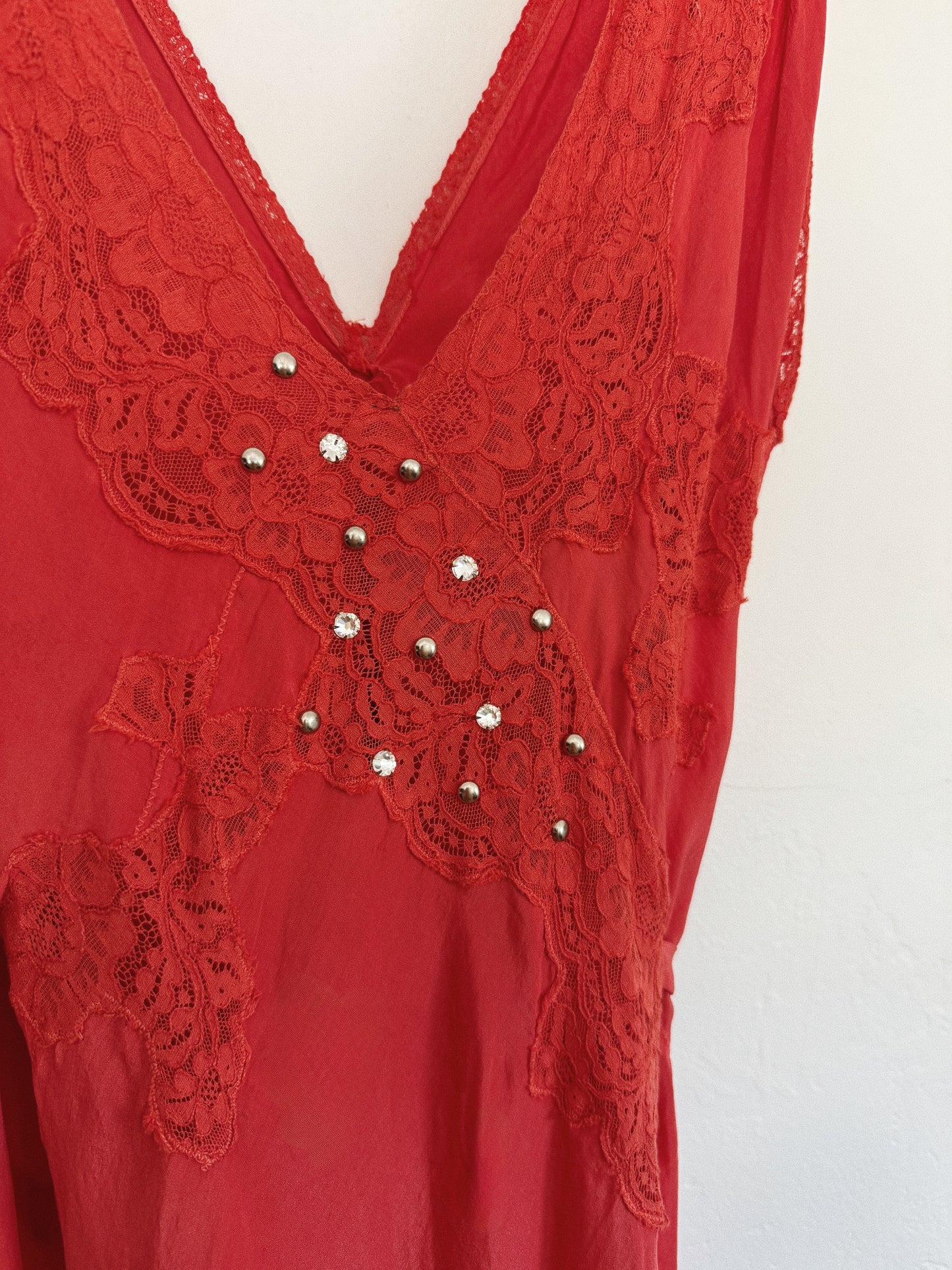 1930s Negroni Red Embellished Silk + Lace Slip Dress- S/M-M