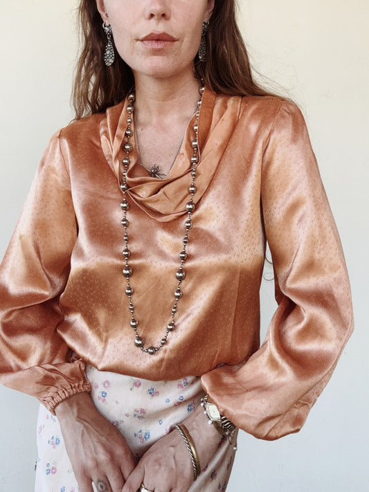 1940s Champagne Rayon Satin Blouse- S/M
