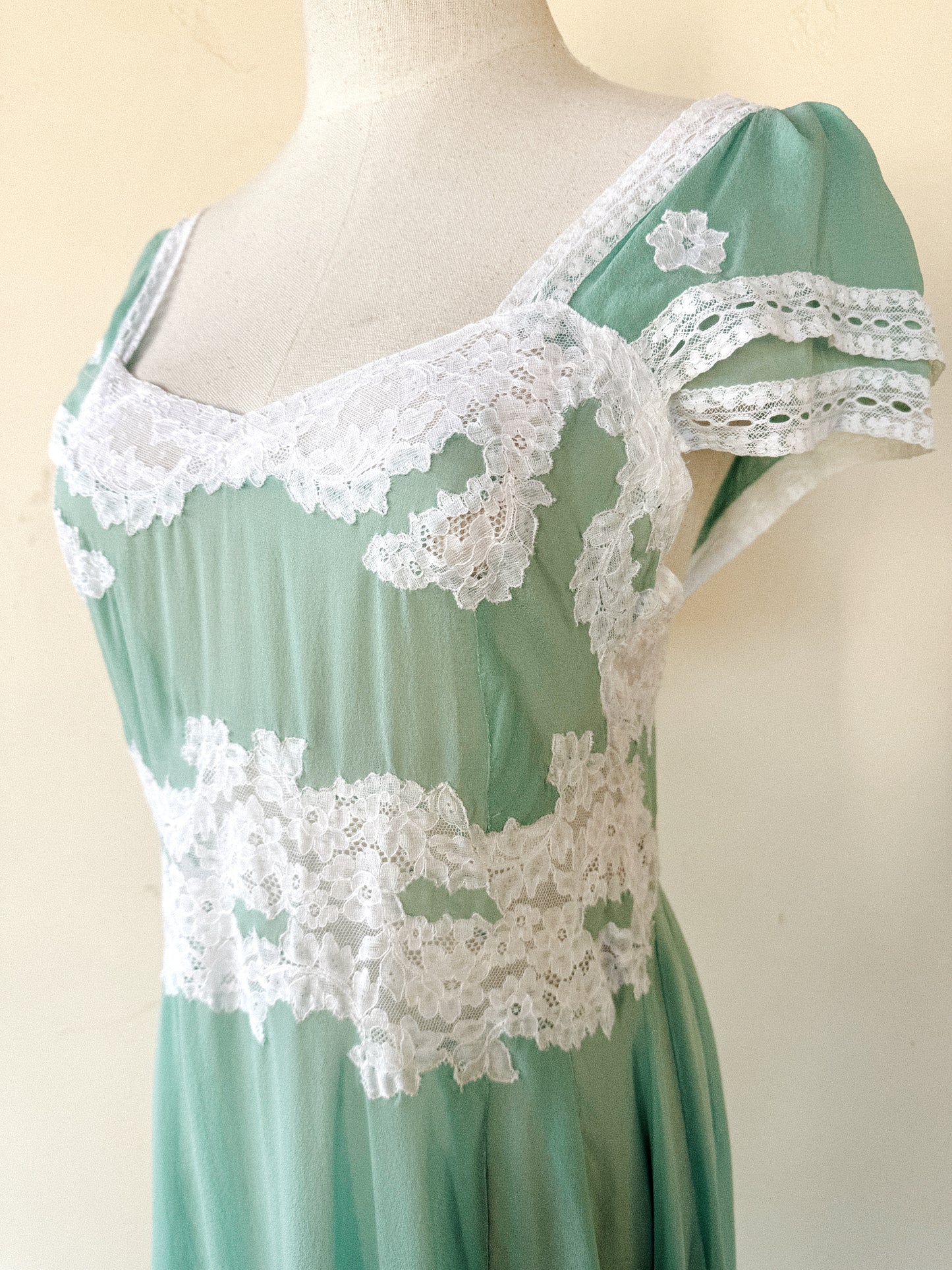 1930s Aquamarine Silk Chiffon + Lace Slip Dress- S-S/M