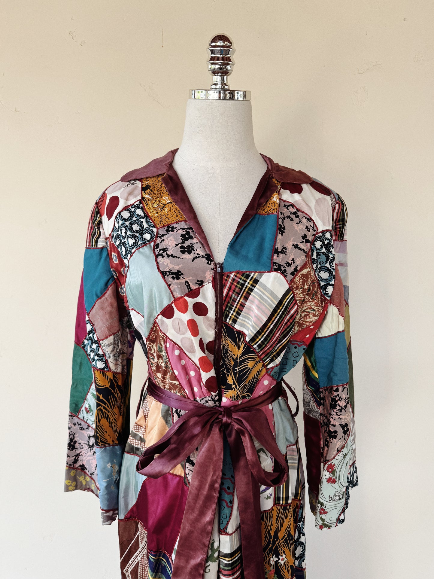 1940s Crazy Quilt Dressing w/ Rayon Patches- S/M-M