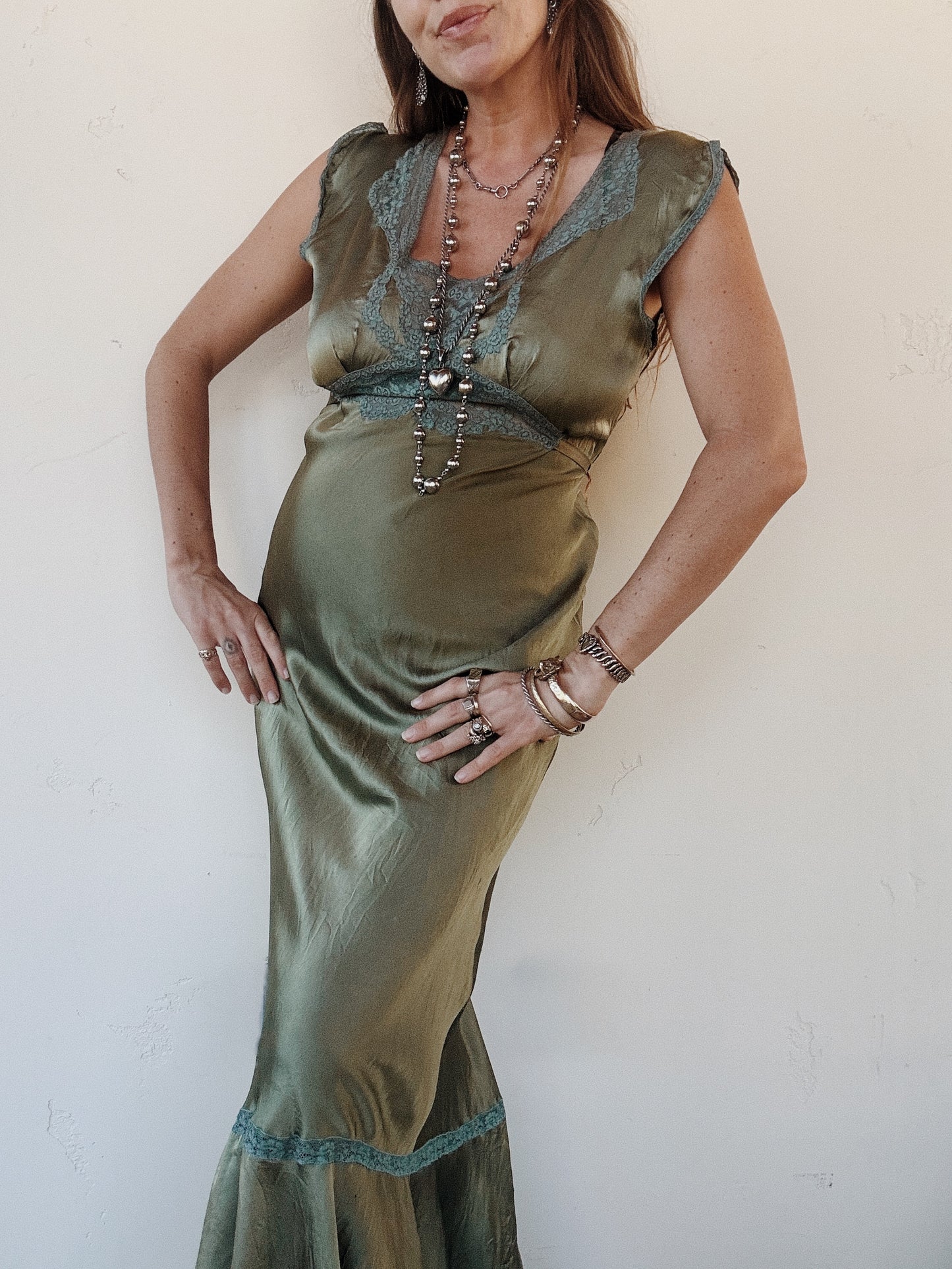 1930s Moss Green Silk Satin Slip Dress w/ Fishtail Hem- S/M-M