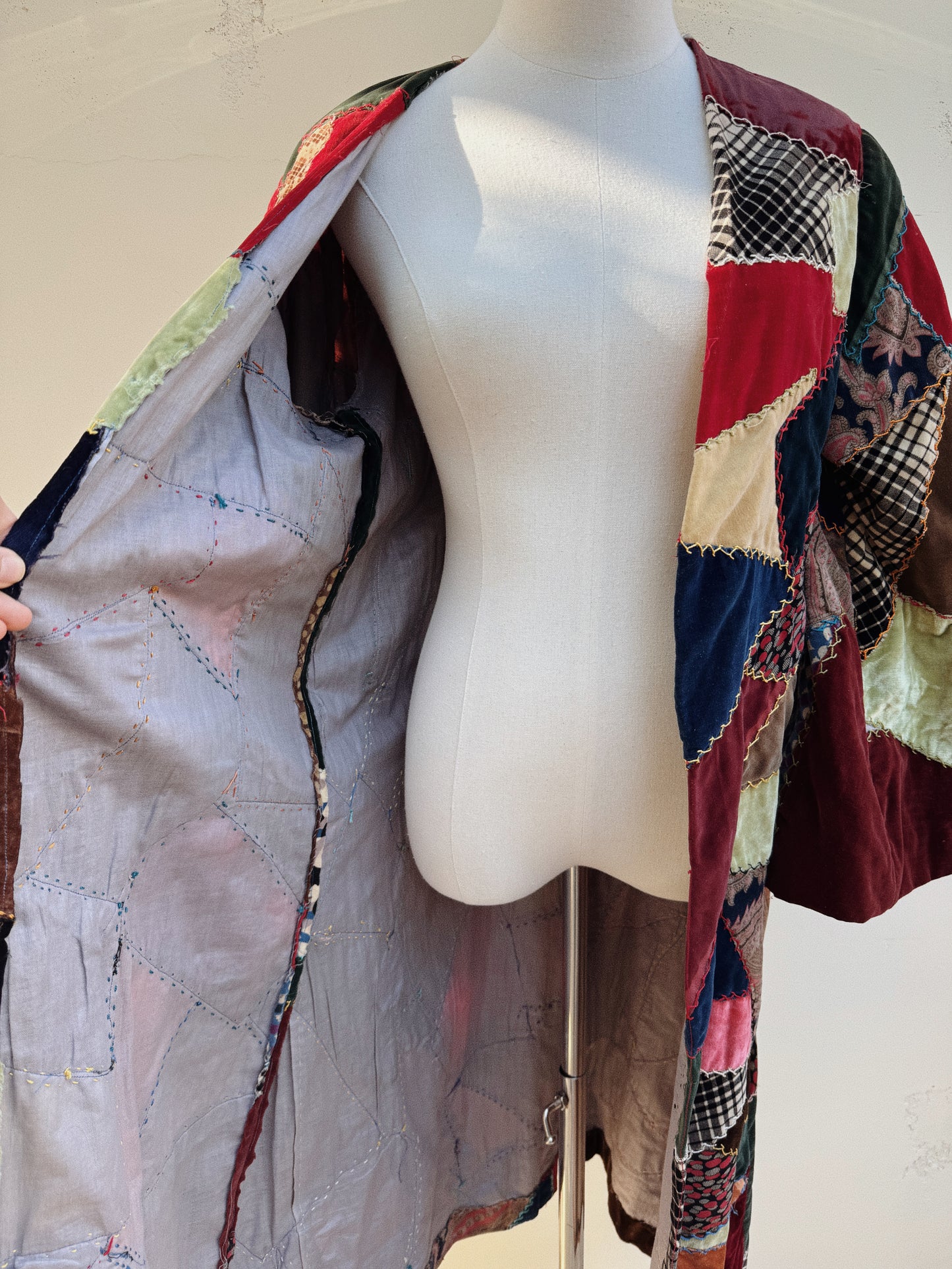 1930s/40s Velvet Crazy Quilt Patched Duster Coat