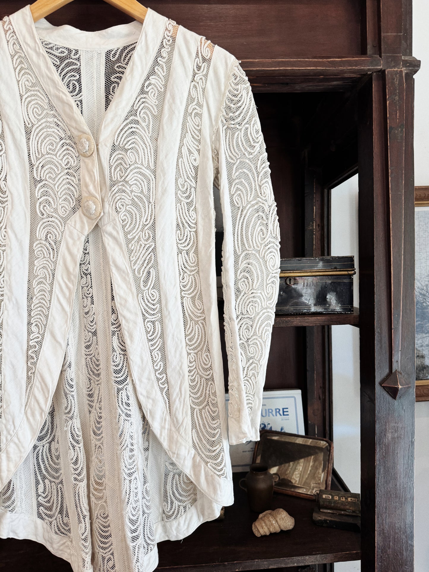 Edwardian White Linen + Net Soutache Jacket- S/M