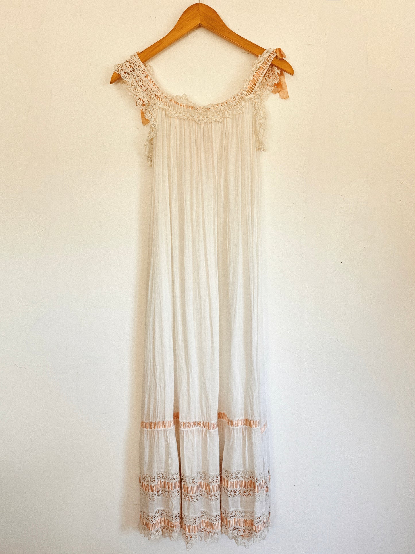 Victorian White Cotton Nightgown w/ Crocheted Trim + Pink Ribbon- XS- S/M