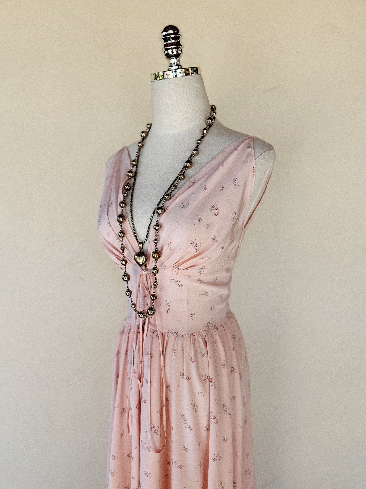 1930s Exquisite Corset Silk Crepe Slip Dress w/ Rose Print- XS-S