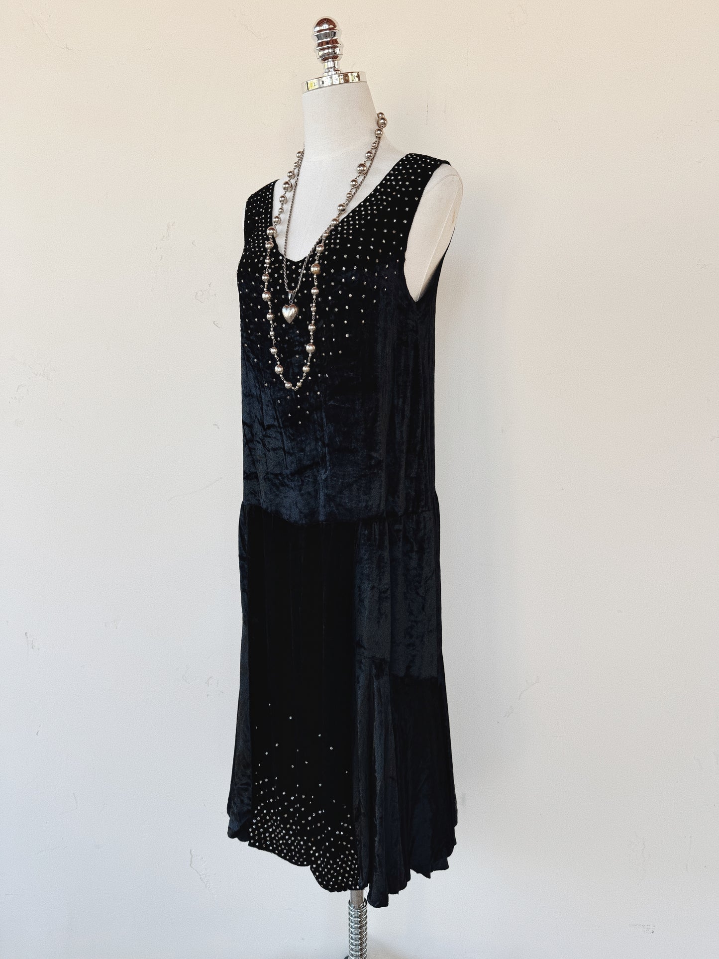 1920s Midnight Black Crushed Silk Velvet Diamenté Dress- S-S/M