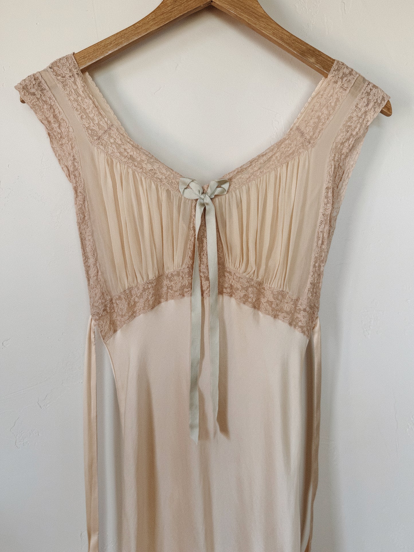 1930s Ivory Silk + Chiffon Slip Dress w/ Pale Blue Bow- XS-S