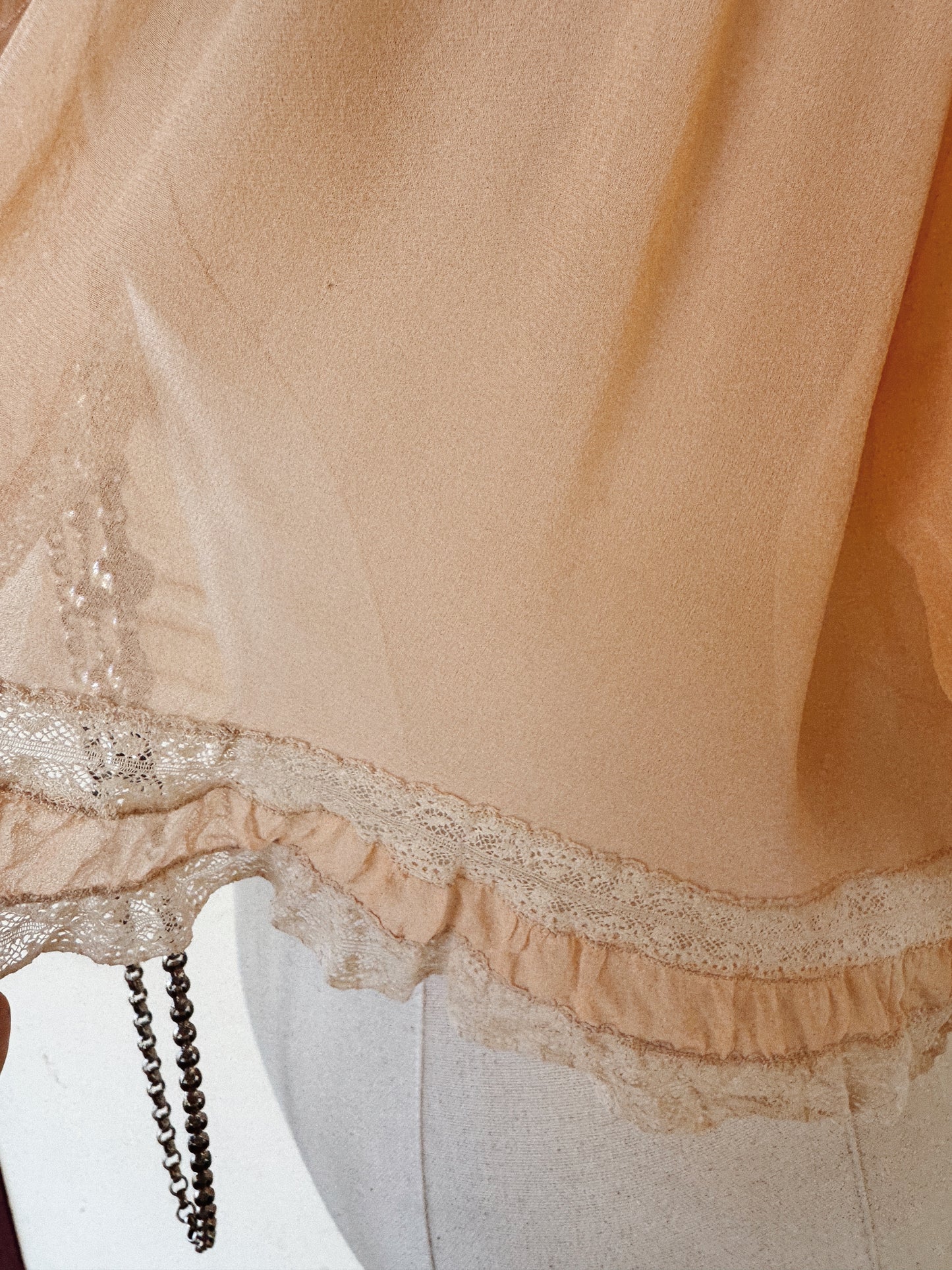 1930s Blossom Pink Silk Chiffon Bed Jacket w/ Lace Trim- S-M/L