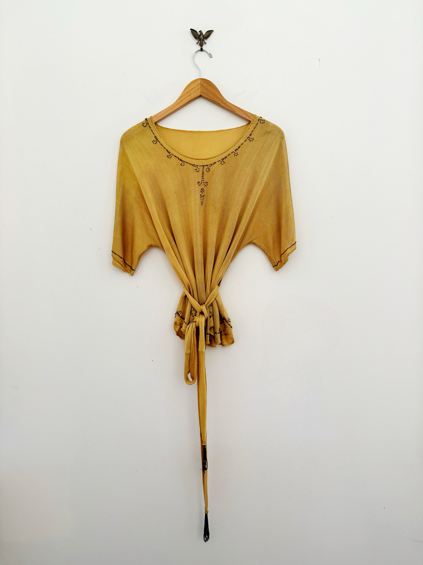 1920s Mustard Silk Jersey Knit Beaded Blouse w/ Tasseled Sash- M/L