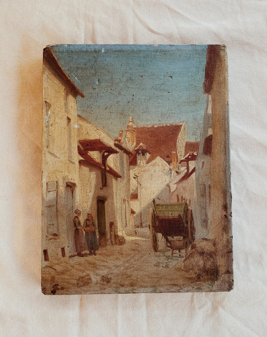 Antique Village Scene Oil on Stretched Canvas- 9 x 12.5