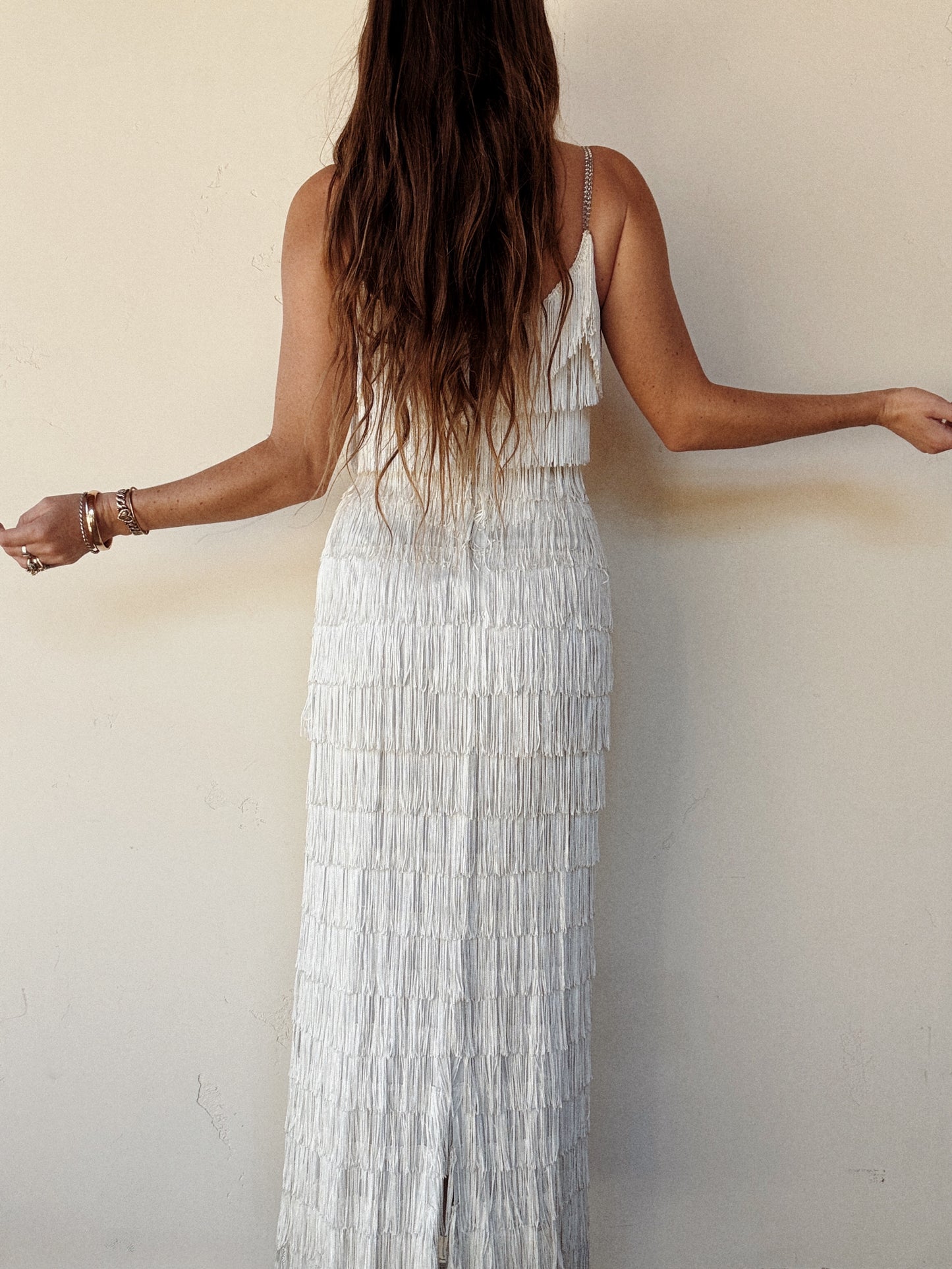 1950s White Tiered Fringe Hourglass Evening Gown- S