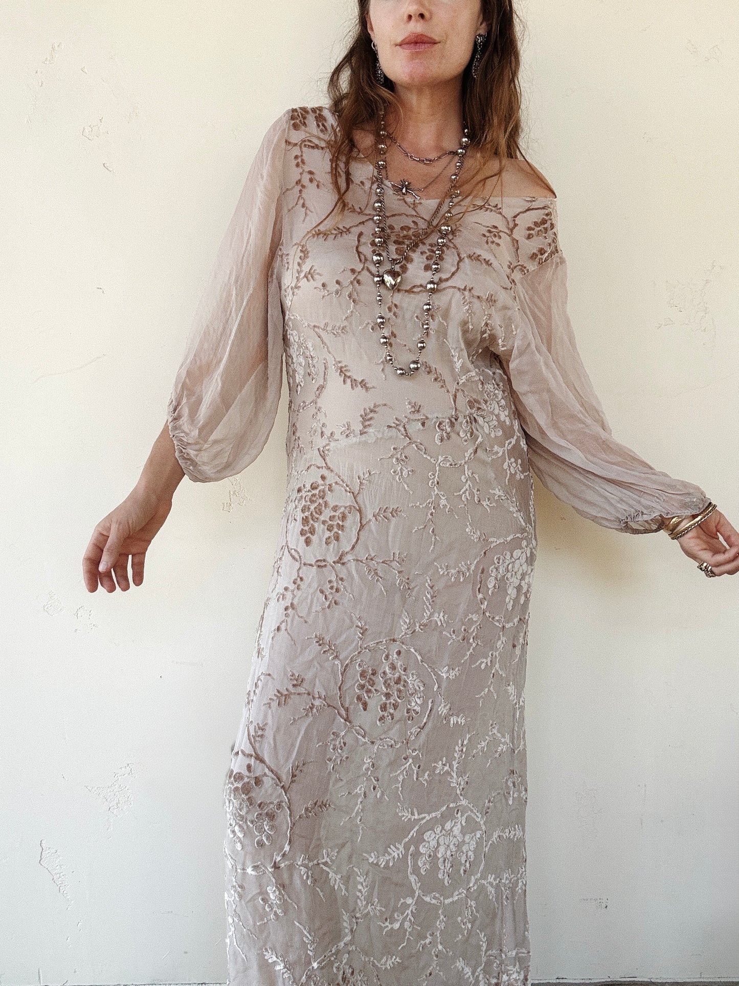 1920s Champagne Grape Silk Chiffon Devoré Velvet Goddess Gown- S/M-M