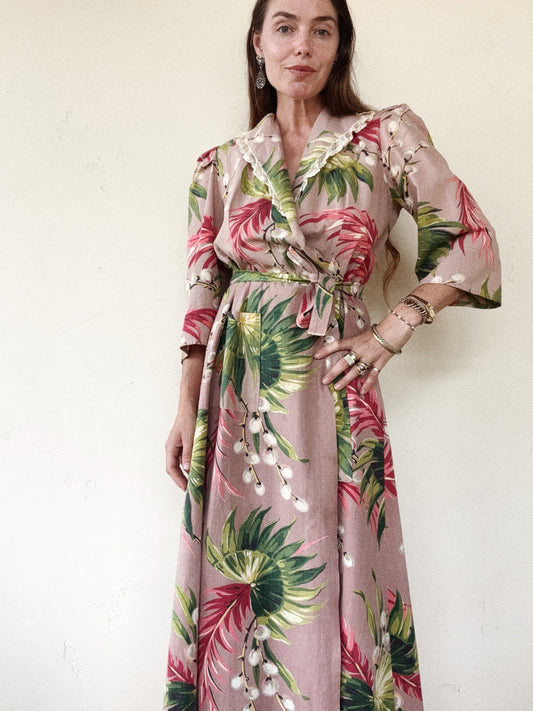 1940s Bark Cloth Print Cotton Dressing Gown- S/M-M