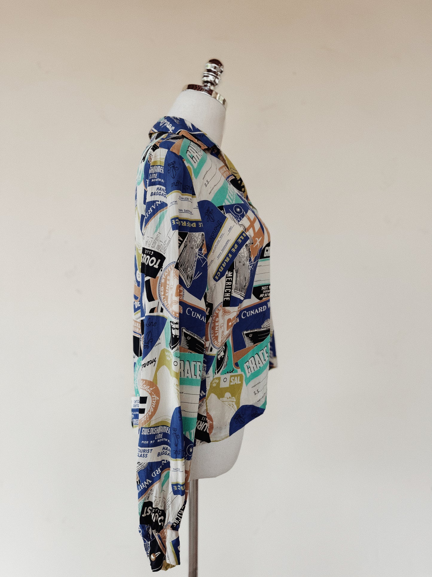 1940s Rare Novelty Travel Print Silk Blouse- S/M-M