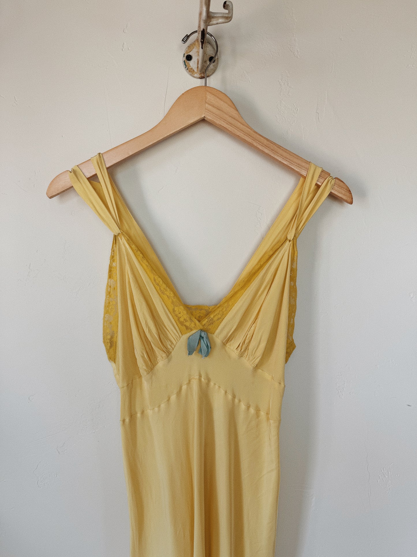 1940s Canary Yellow Cold Rayon + Lace Slip Dress w/ Robins Egg Blue Bow- S- S/M
