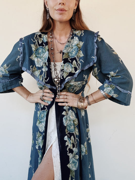 1910s Edwardian Blue Morning Glory Peignoir Duster- S/M-M