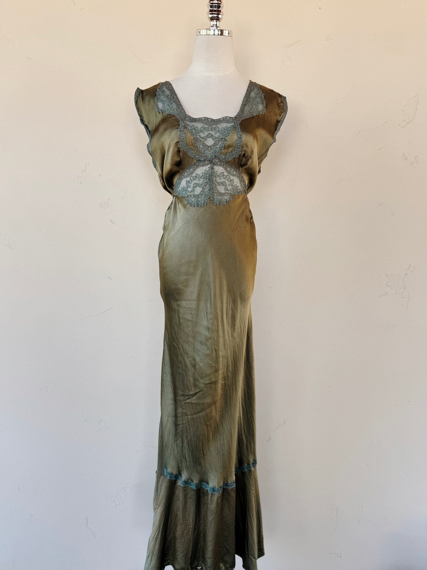 1930s Moss Green Silk Satin Slip Dress w/ Fishtail Hem- S/M-M