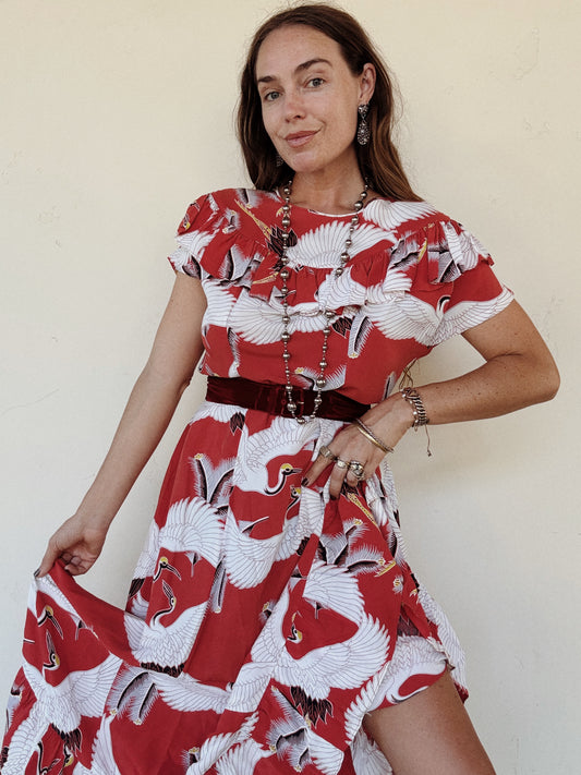 1940s Rare Red Crane Hawaiian Cold Rayon Dress- L