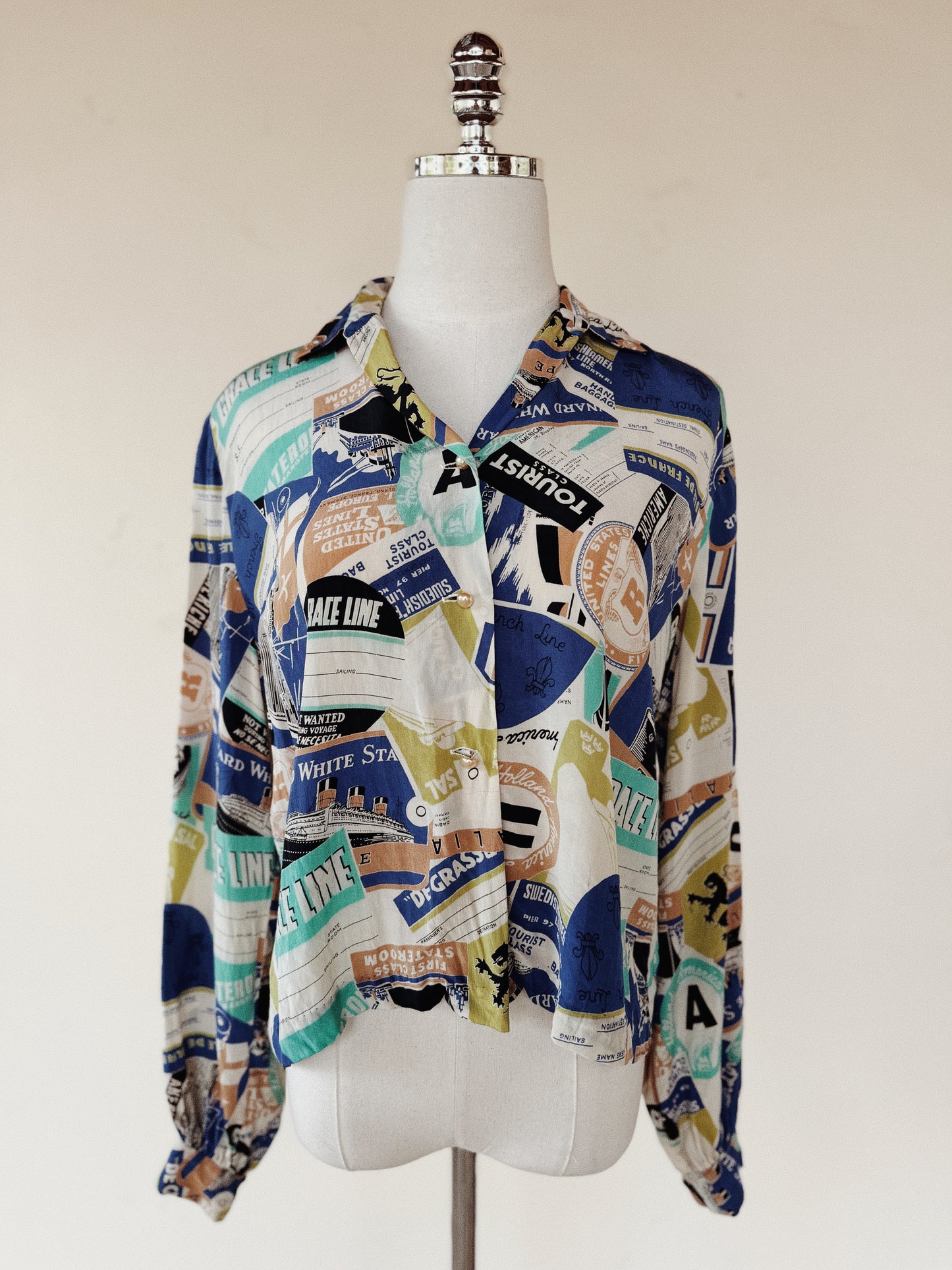 1940s Rare Novelty Travel Print Silk Blouse- S/M-M