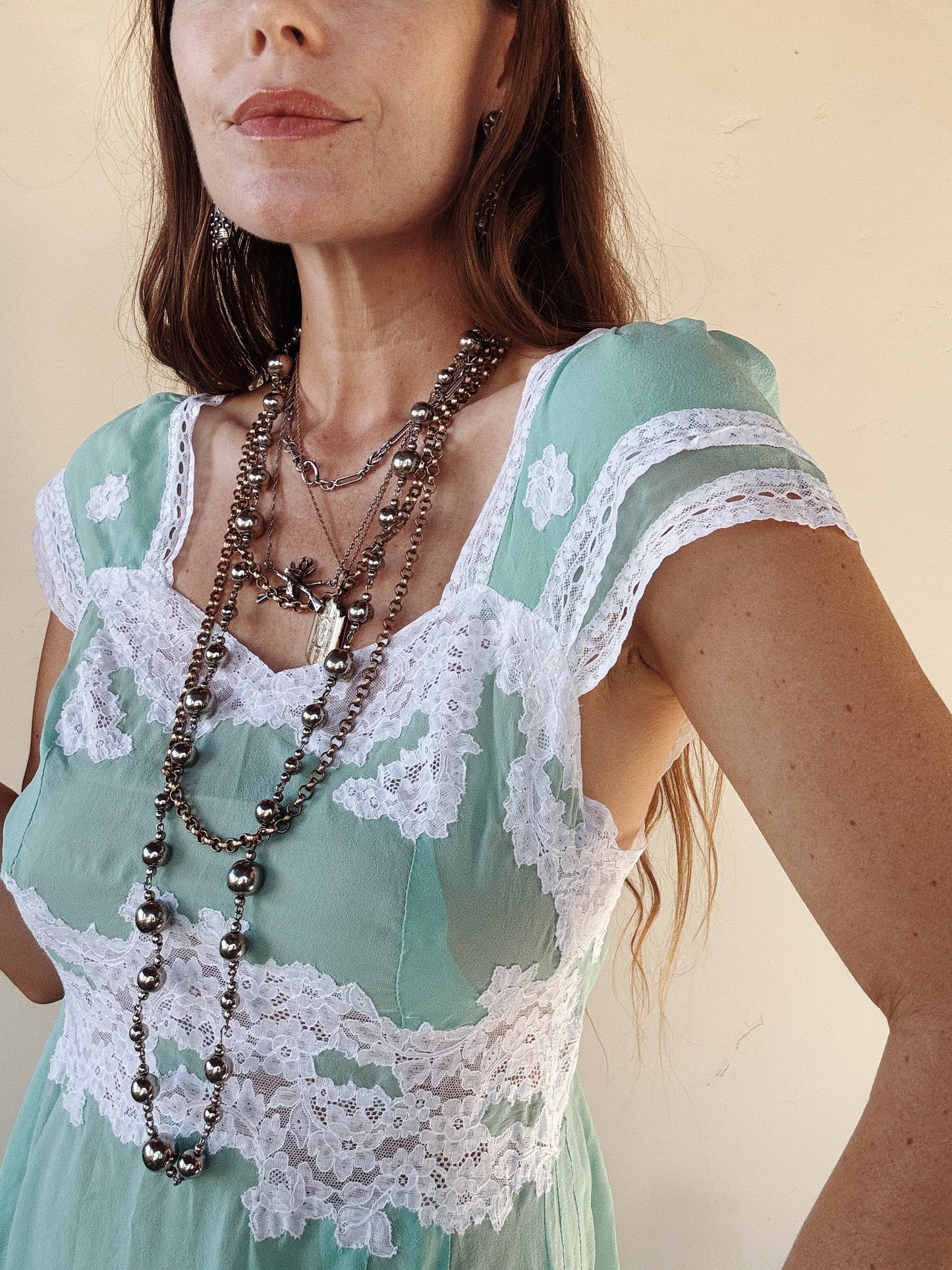 1930s Aquamarine Silk Chiffon + Lace Slip Dress- S-S/M