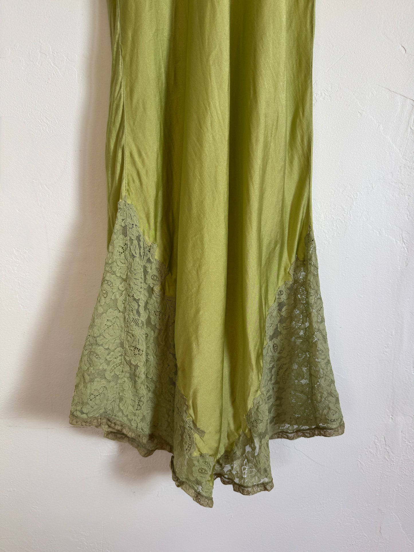 1940s Key Lime Silk + Lace Spaghetti Strap Slip Dress- S-S/M