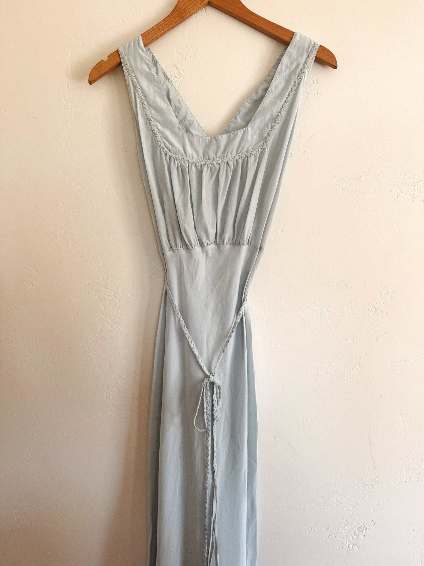 1940s Icy Blue Silk Crepe Slip w/ Braided Trim + Sash- S/M-M