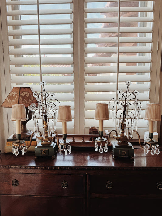 Pair Mid Century French Girandoles Accent Lamps w/ Crystal Accents