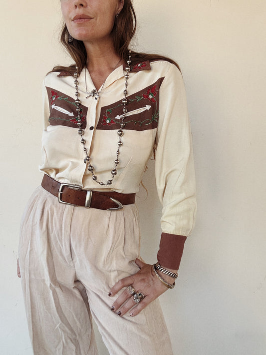 1940s Western Creme + Brown Chain Stitched Blouse- S-S/M