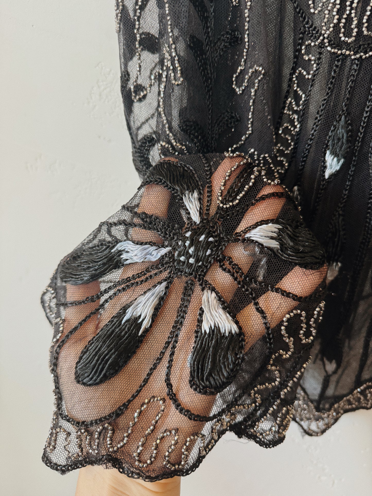 1920s Heavily Beaded Net Petal Fringe Skirt w/ Ombré Silk Embroidery- S/M