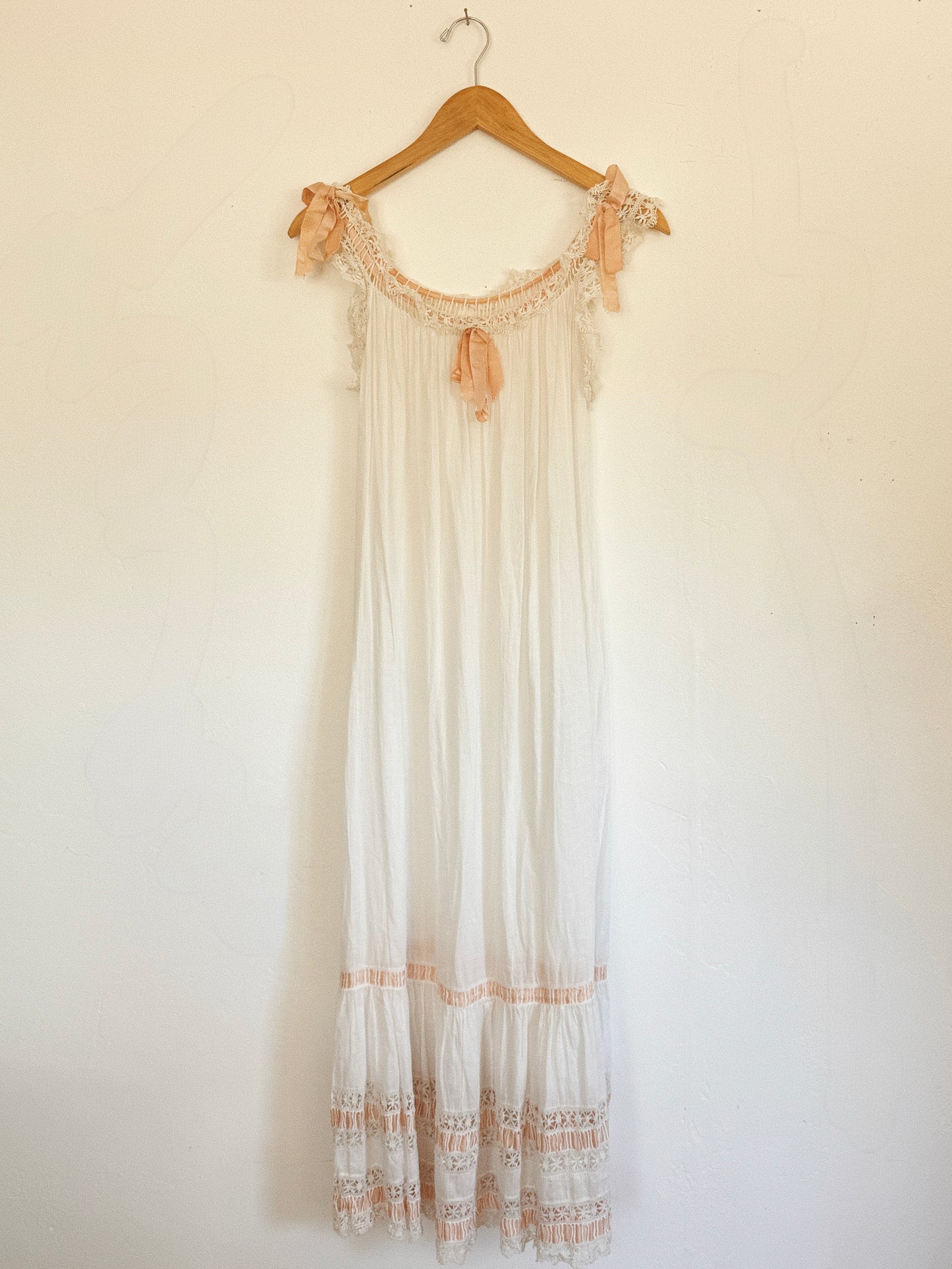 Victorian White Cotton Nightgown w/ Crocheted Trim + Pink Ribbon- XS- S/M