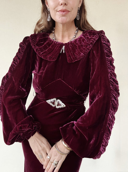 1930s Mulberry Ruched Silk Velvet Gown w/ Balloon Sleeves- S/M