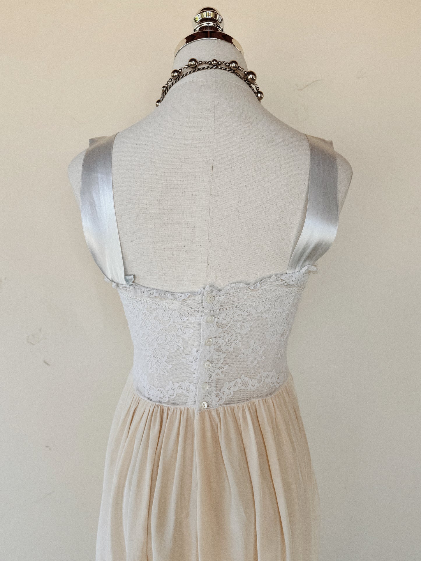 1940s Ivory Silk + Lace Slip Dress w/ Pale Blue Satin Ribbon- XS-S