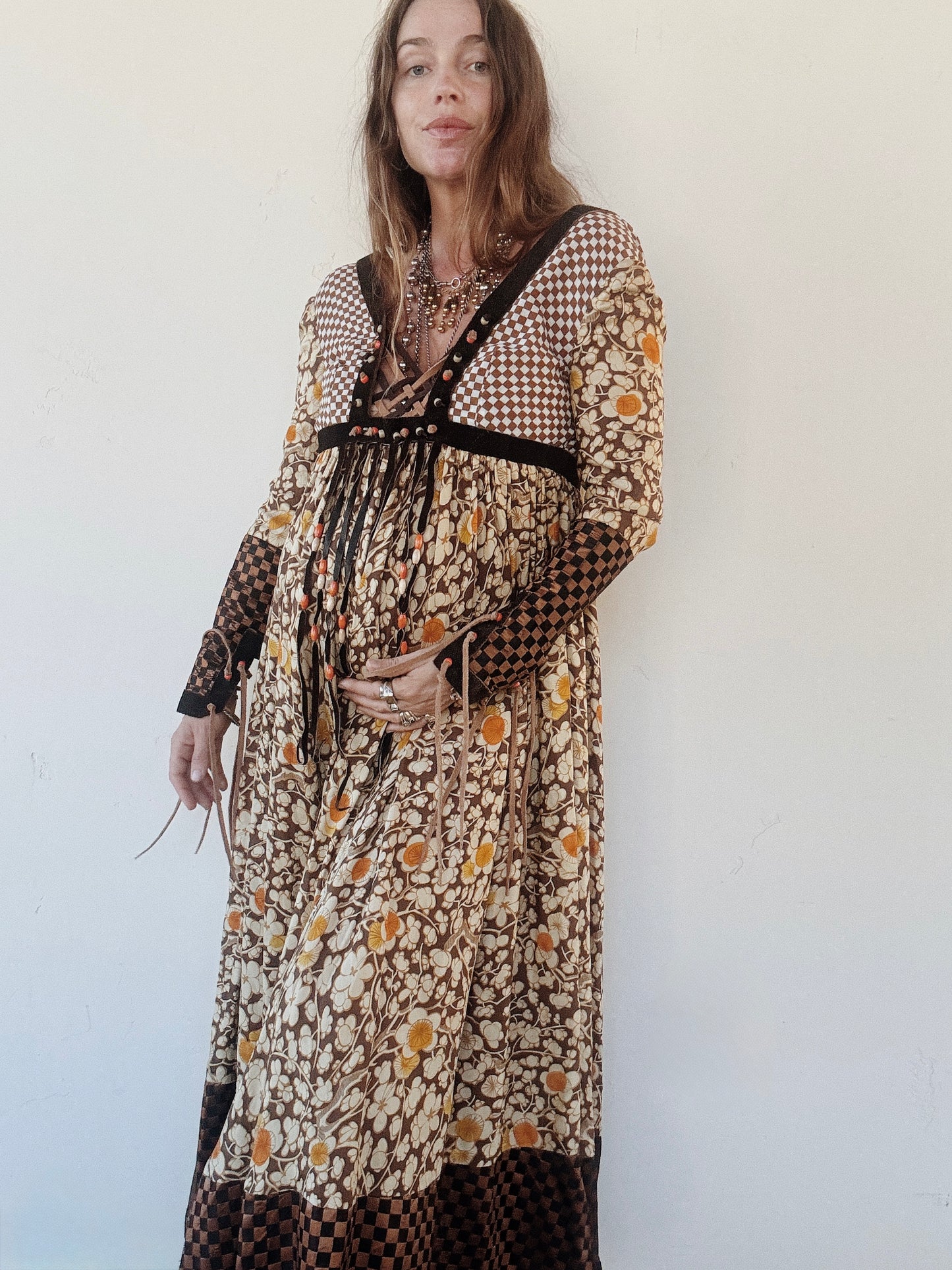 1970s Bill Gibb Archival Floral Silk + Suede Fringe Magpie Dress- S