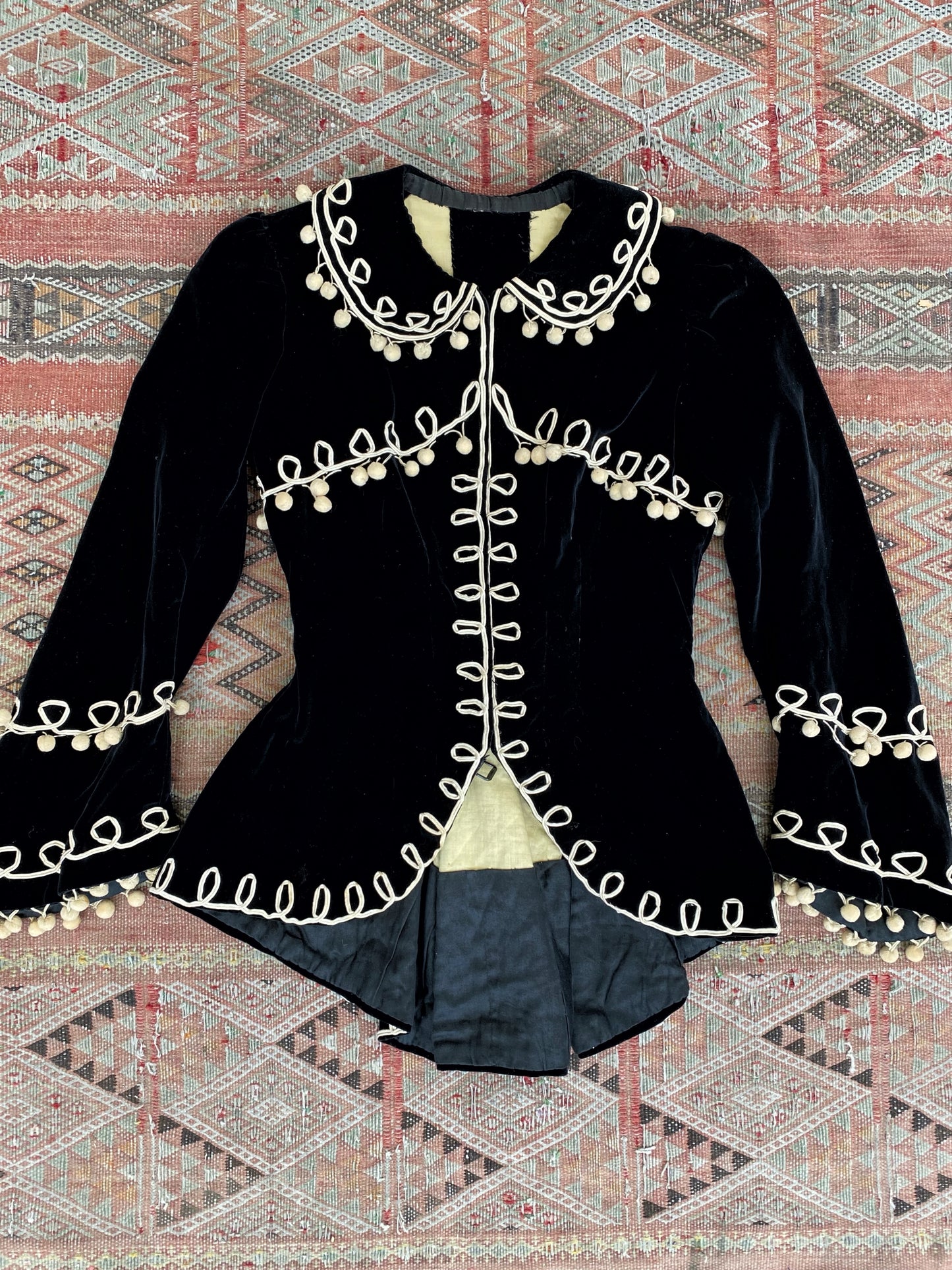 Victorian Black Velvet Tailored Jacket w/ Pom Poms and Peter Pan Collar- S