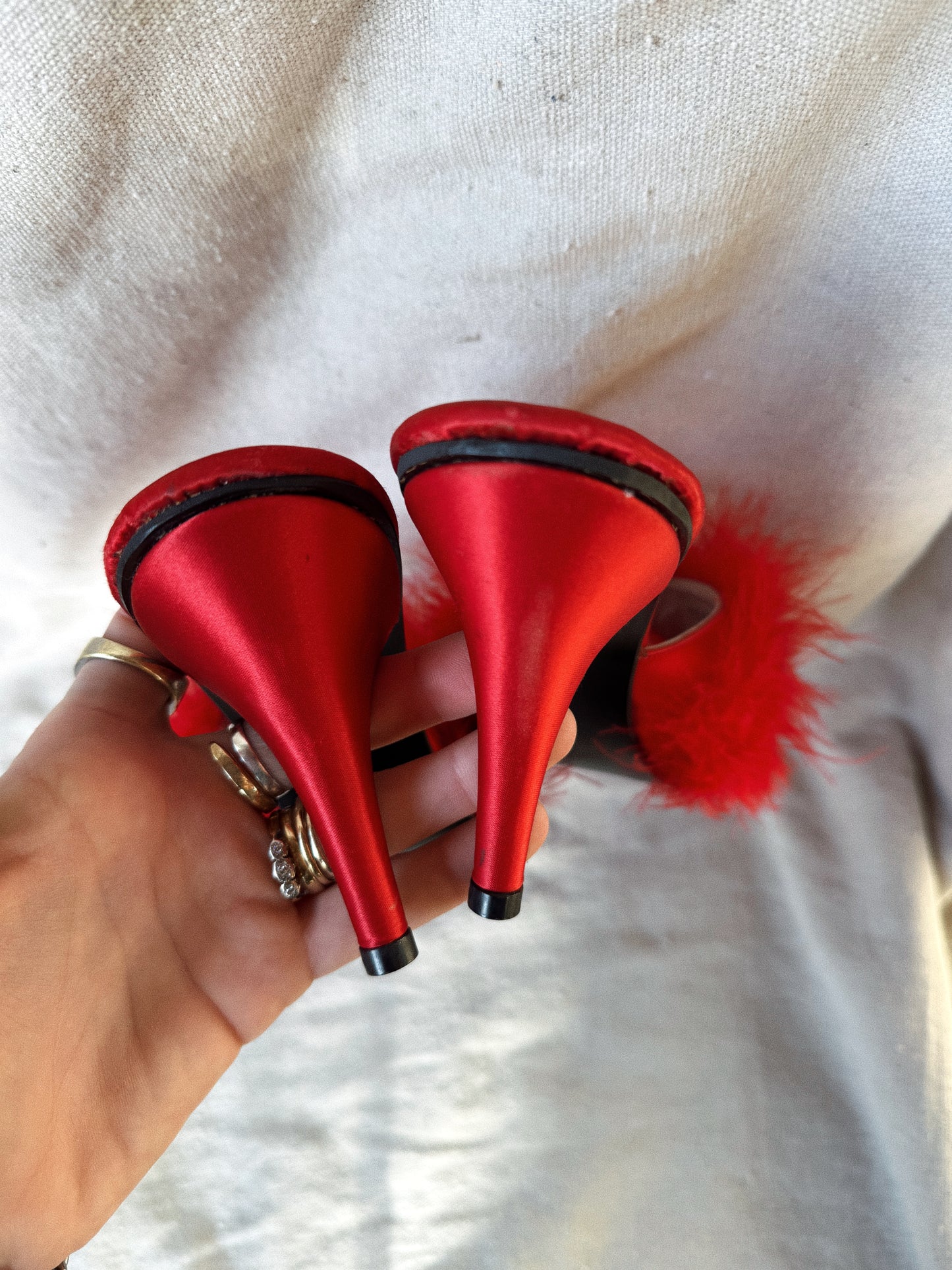 1950s Fire Red Marabou Feather Boudoir Satin Heels- 8