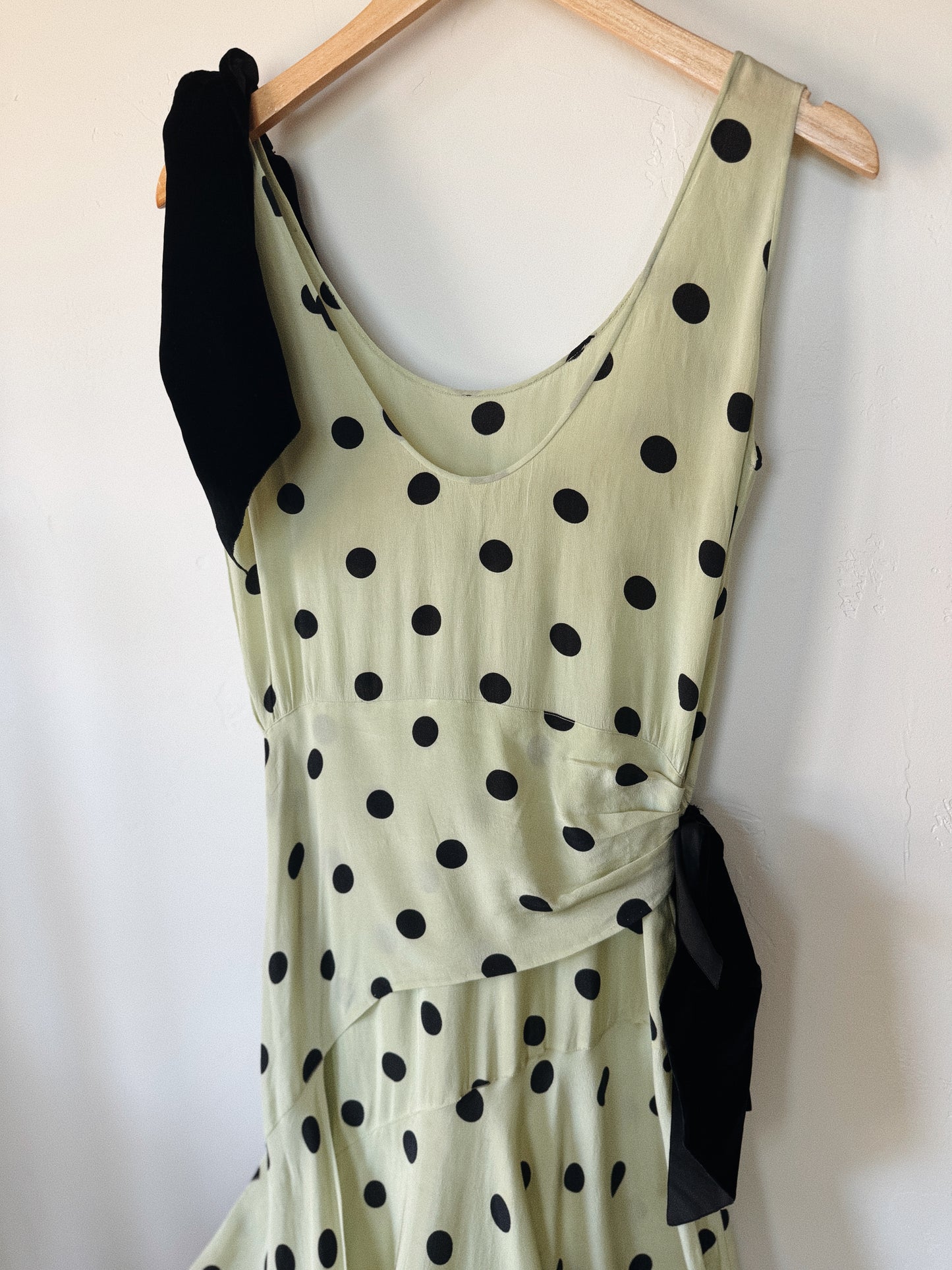 1930s Mint + Black Polka Dot Silk Draped Gown w/ Velvet Bows- S/M