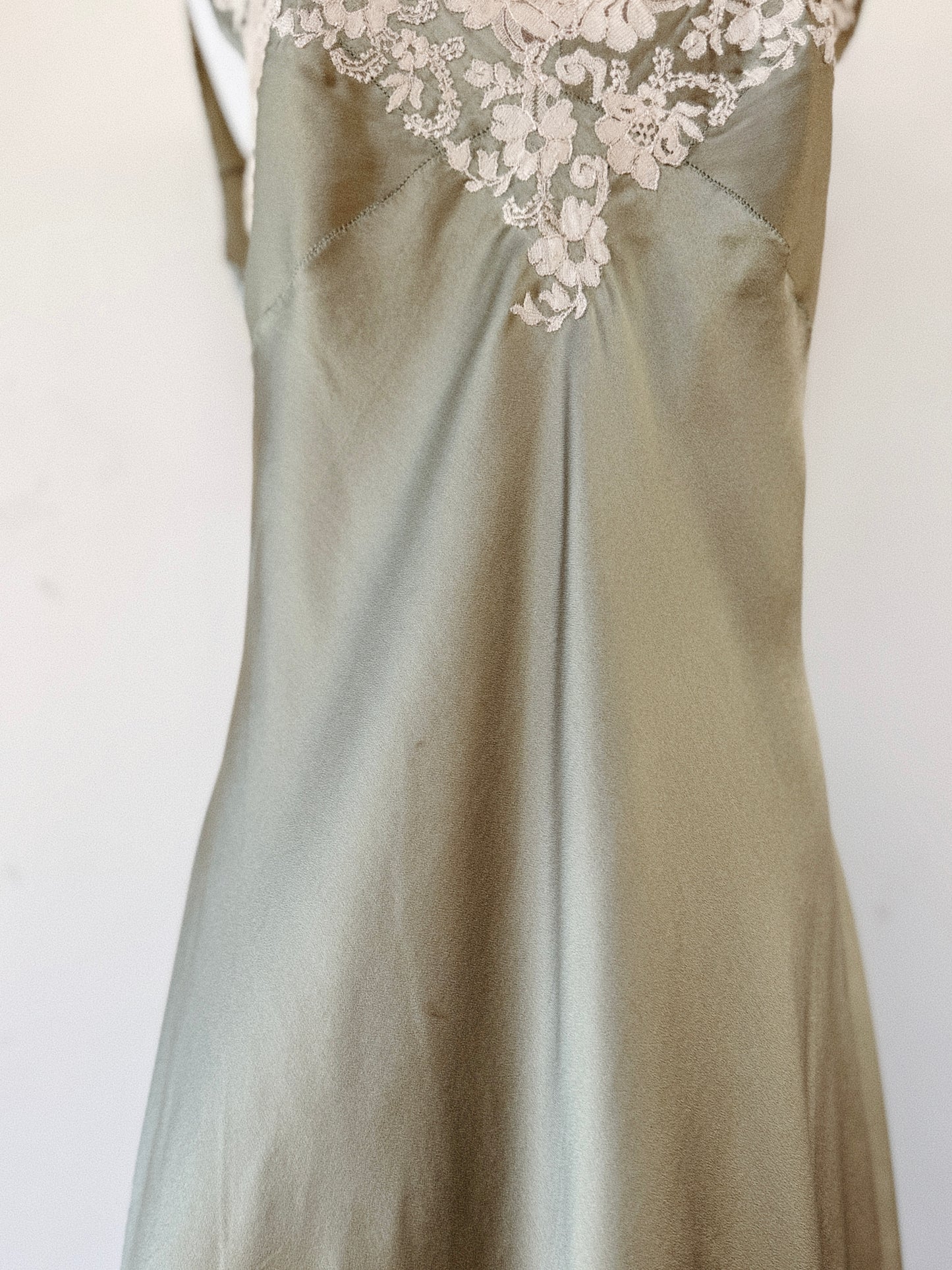 1930s Sage Charmeuse Silk Slip Dress w/ Ecru Lace Trim- S/M