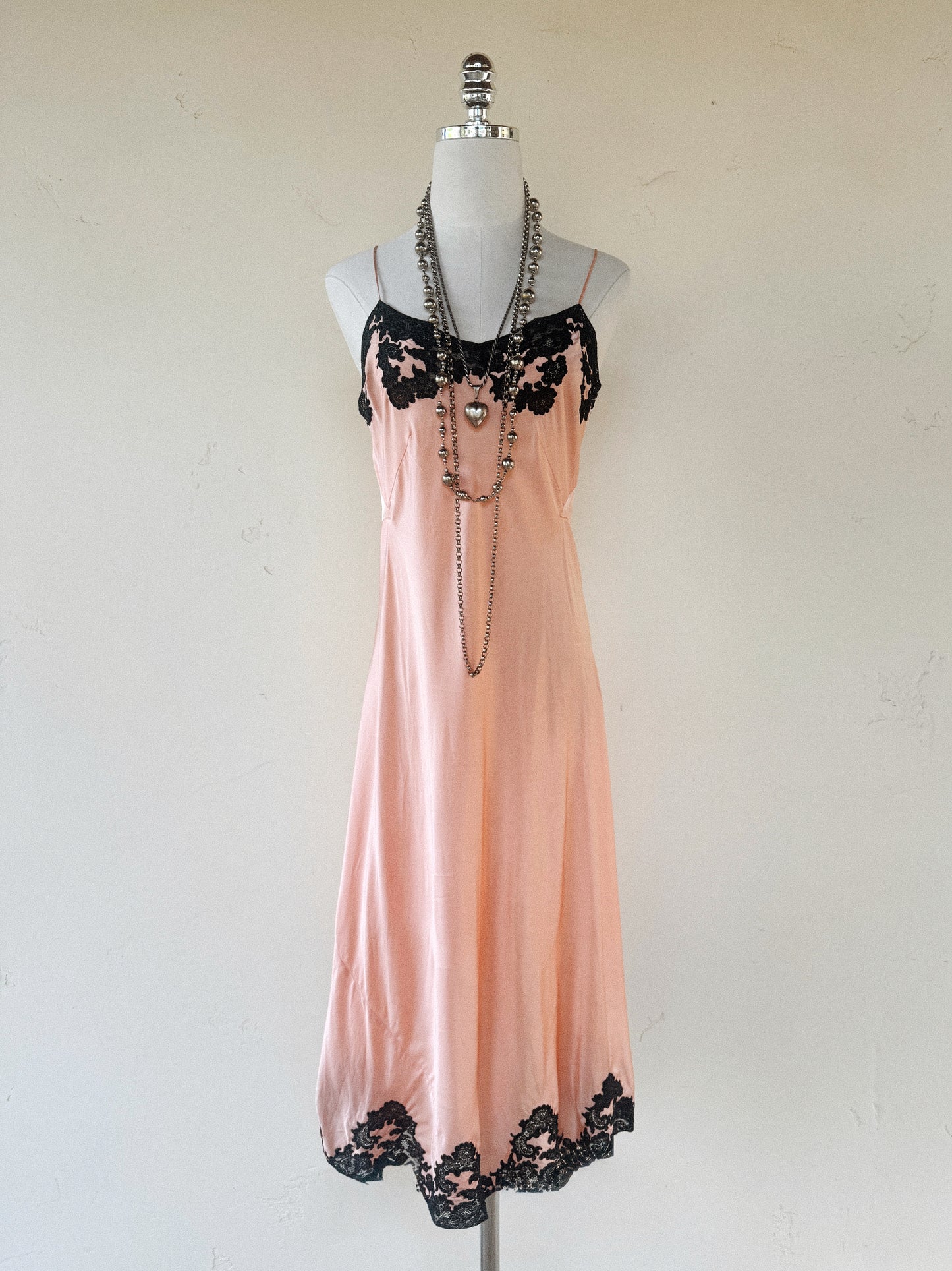1930s Pretty in Pink Silk + Black Lace Slip Dress- S/M