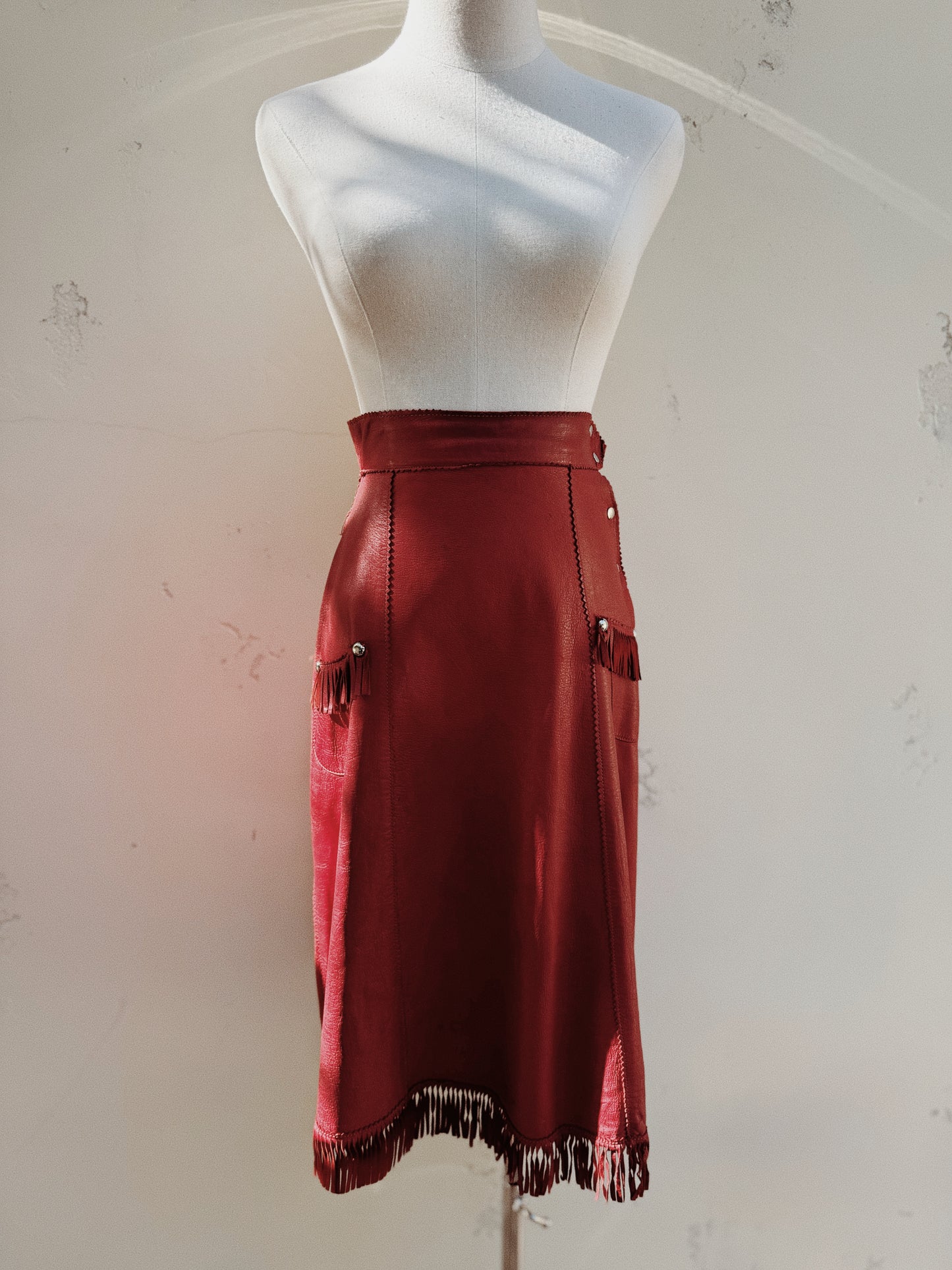 1930s/40s Western Oxblood Red Leather Fringe Cowgirl Skirt- S