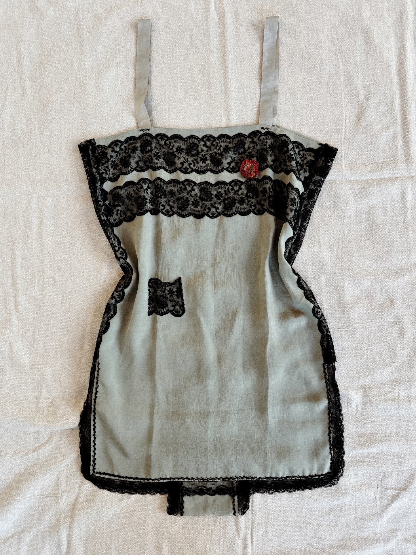 1920s Dove Grey Silk + Black Lace Step-In w/ Red Flower- M/L