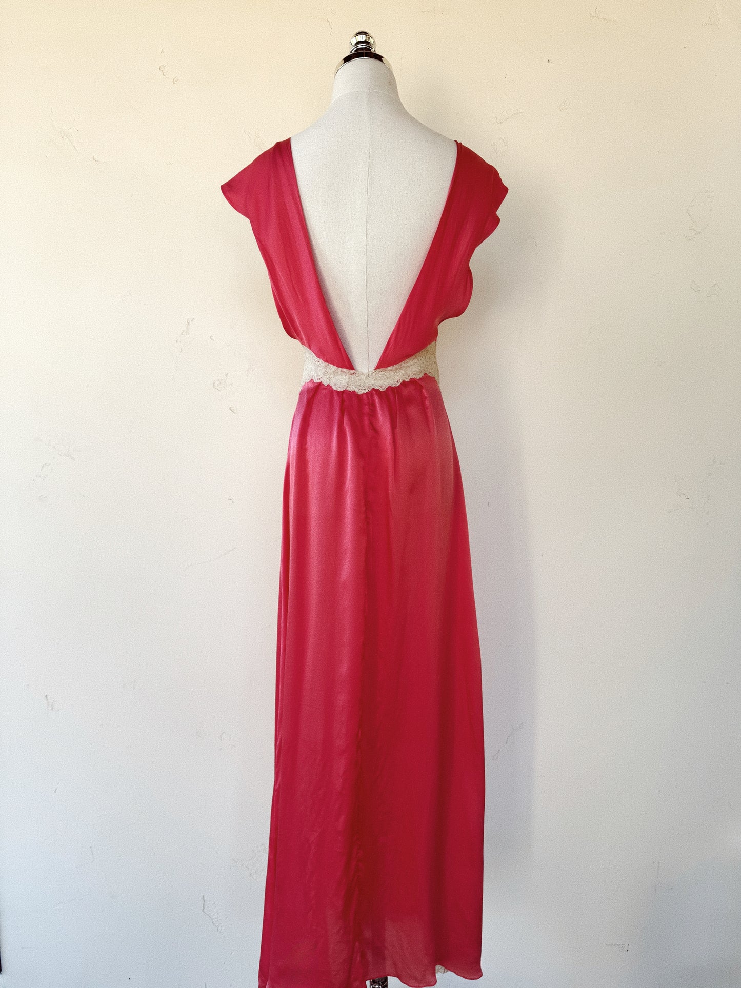 1930s Fuchsia Candy Pink Silk Slip Dress w/ Lace + Bow Appliqué- S/M