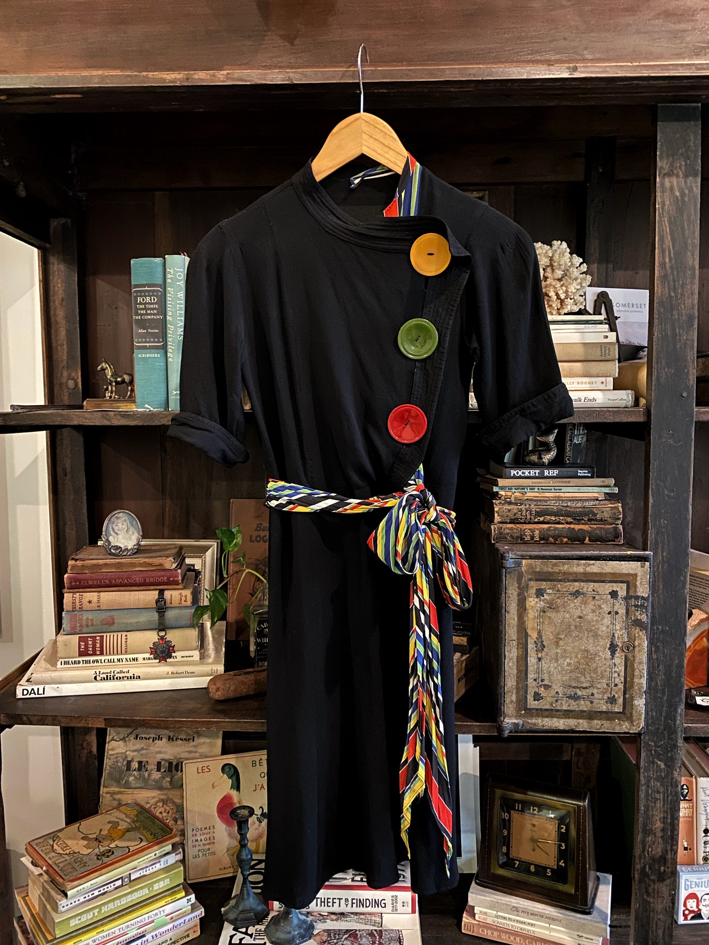 1930s Black Deco Rayon Jersey Mini Dress w/Oversized Bakelite Buttons- XS/S