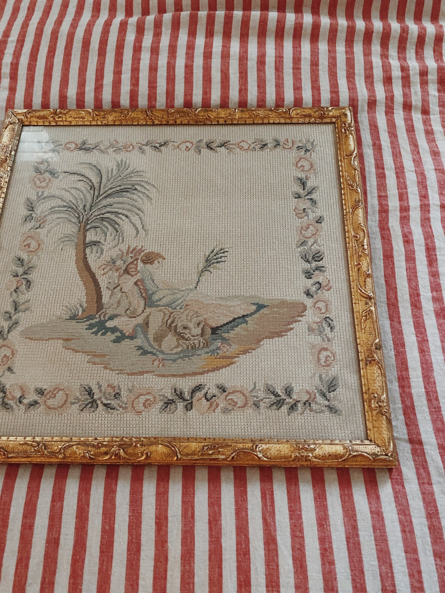 Vintage Needlepoint Tapestry in French Style Gilded Frame- 21x22”